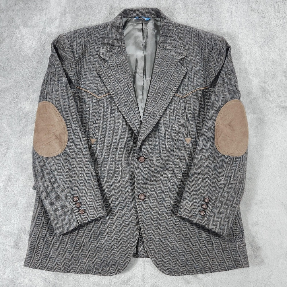 Pendleton Blazer Mens 46 Gray Herringbone Tweed Western Elbow Patch Sport‎ Coat